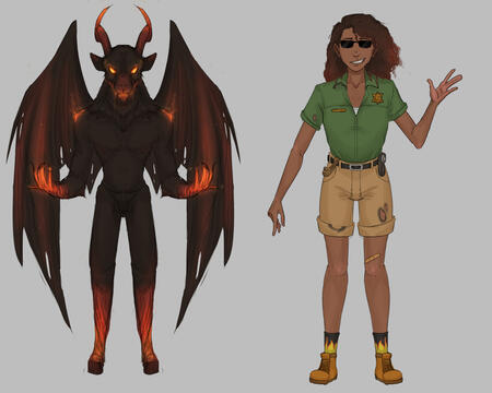 Image of a young woman with curly hombre hair wearing a slightly burnt park ranger uniform. Next to her is a large brown and red goat demon with glowing limbs.