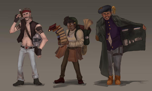 3 Individuals lined up, one is a biker sporting a gambesson and a knights helmet, one is a historian clutching a large stack of books and sporting a large backpack. The final one is a salesman opening his trenchcoat to reveal failed technology(Like the Ouy