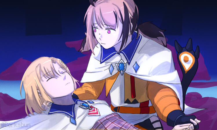 Image of a girl with multicolored hair gently cradling a blonde girl whose eyes are closed. Behind them are strings or red ribbon imitating blood.