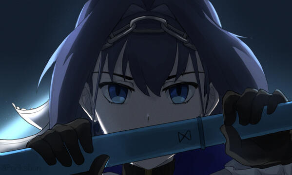 A blue haired woman with gloves unsheathing a sword. She is backlit with blue lighting.