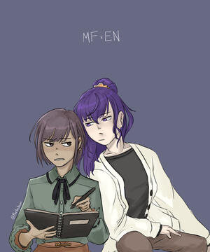 Image of a purple haired girl leaning on a short brown haired girl drawing in a sketchbook.