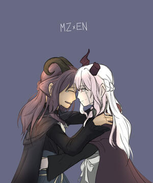 Image of two girls with long hair and horns hugging each other and crying tears of joy.