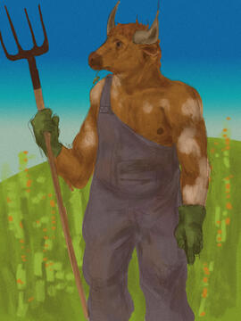 Image of an anthro cow wearing coveralls holding a pitchfork.