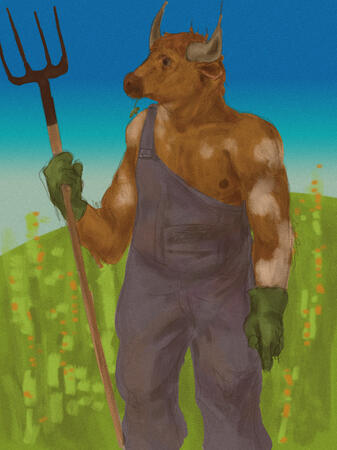 Image of an anthro cow wearing coveralls holding a pitchfork.