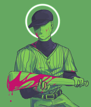 Green lit image of a baseball batter holding a bloodied bat. Behind him, a halo shines.