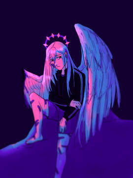 Image of a white haired girl with angel wings and wounds all over. One of the wings is severed, and she has a pained expression.