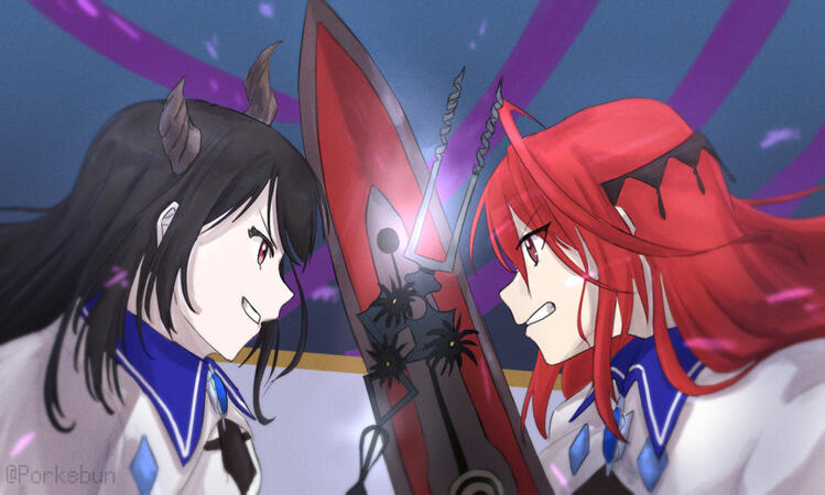 A black haired girl with horns and a Red haired girl clashing.