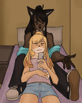 Image of a blonde bunny girl playing on her phone in the lap of a brown fox girl, who is holding her arm out questioningly. Both of them are on a twin sized bed with lilac sheets.