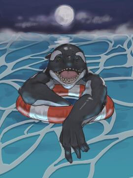 Image of an anthro Orca resting on a pool floatie in the middle of the ocean.