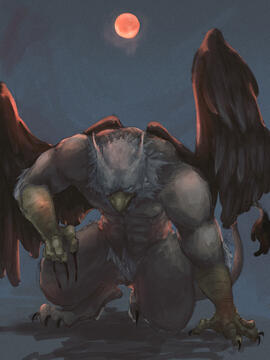 Image of a large humanoid Gryphon leaning on the ground, clawing into it's thigh.