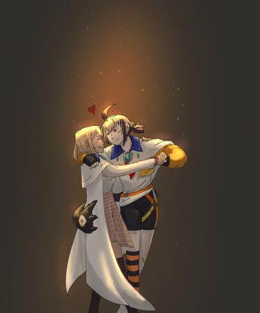 Two girls wearing cloaks slow dancing in warm lighting. One has her spiky tail wrapped around the other.