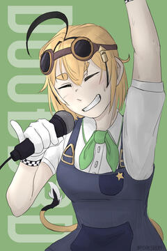 Image of a blonde girl with goggles and overalls holding a mic and pumping her fist into the air. The background text reads 'Dooby 3D'